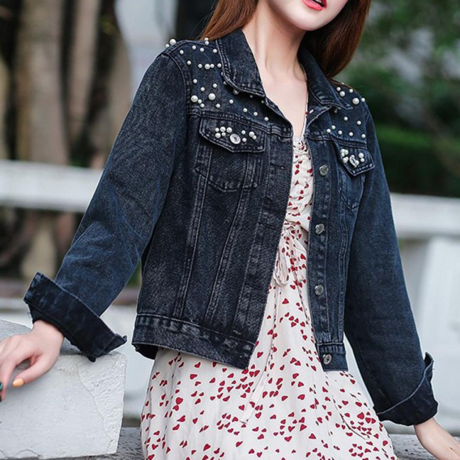 Women Denim Jacket Solid Color Single-breasted Short Breathable Keep Warm Beads Decor Long Sleeves Cardigan Imitation Pearl Autumn Coat Female Clothes
