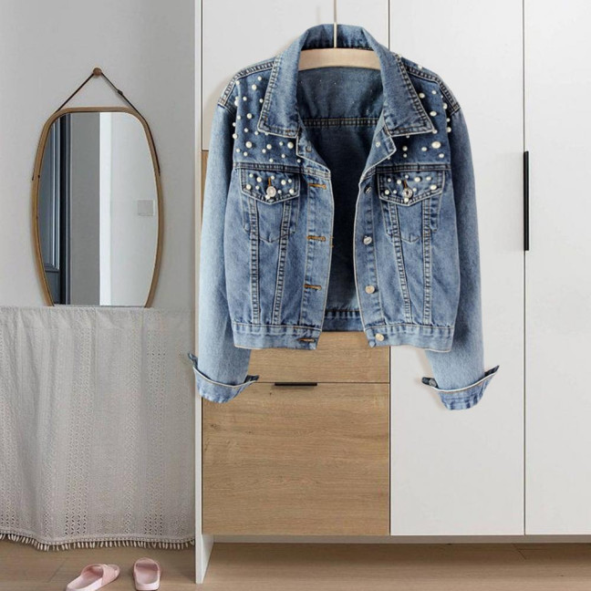 Women Denim Jacket Solid Color Single-breasted Short Breathable Keep Warm Beads Decor Long Sleeves Cardigan Imitation Pearl Autumn Coat Female Clothes