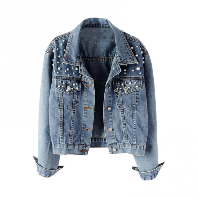 Women Denim Jacket Solid Color Single-breasted Short Breathable Keep Warm Beads Decor Long Sleeves Cardigan Imitation Pearl Autumn Coat Female Clothes