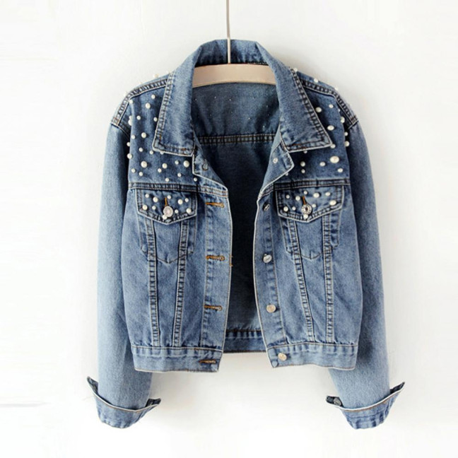 Women Denim Jacket Solid Color Single-breasted Short Breathable Keep Warm Beads Decor Long Sleeves Cardigan Imitation Pearl Autumn Coat Female Clothes