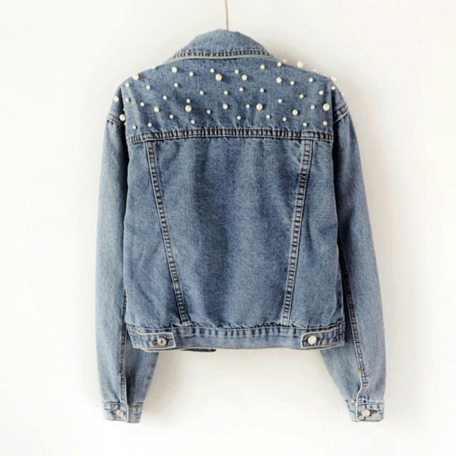 Women Denim Jacket Solid Color Single-breasted Short Breathable Keep Warm Beads Decor Long Sleeves Cardigan Imitation Pearl Autumn Coat Female Clothes