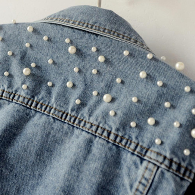 Women Denim Jacket Solid Color Single-breasted Short Breathable Keep Warm Beads Decor Long Sleeves Cardigan Imitation Pearl Autumn Coat Female Clothes