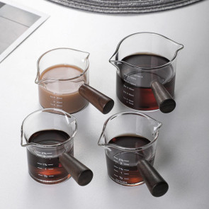 70/75/150ML Double Spout Wooden Handle Coffee Cup Heat Resistant Multipurpose Clear Scales Milk Coffee Measuring Cup for Home