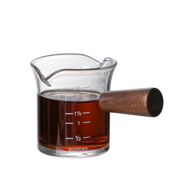 70/75/150ML Double Spout Wooden Handle Coffee Cup Heat Resistant Multipurpose Clear Scales Milk Coffee Measuring Cup for Home