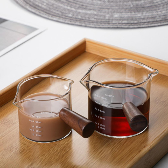 70/75/150ML Double Spout Wooden Handle Coffee Cup Heat Resistant Multipurpose Clear Scales Milk Coffee Measuring Cup for Home