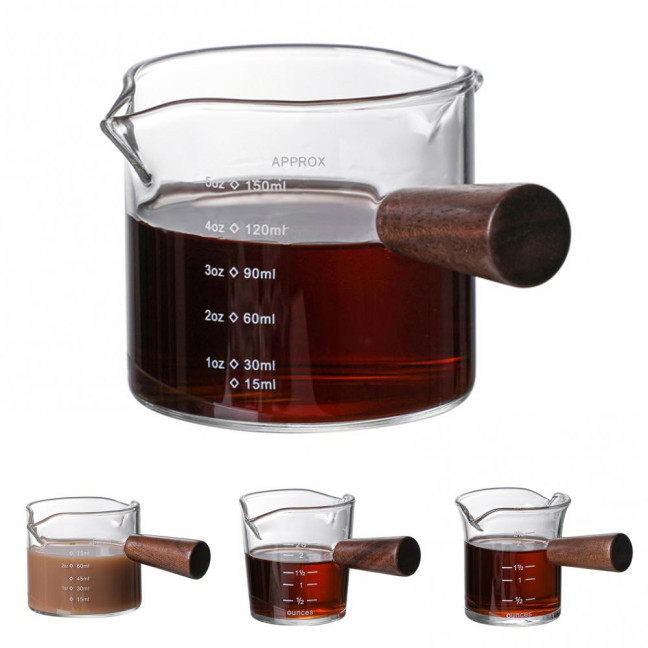 70/75/150ML Double Spout Wooden Handle Coffee Cup Heat Resistant Multipurpose Clear Scales Milk Coffee Measuring Cup for Home