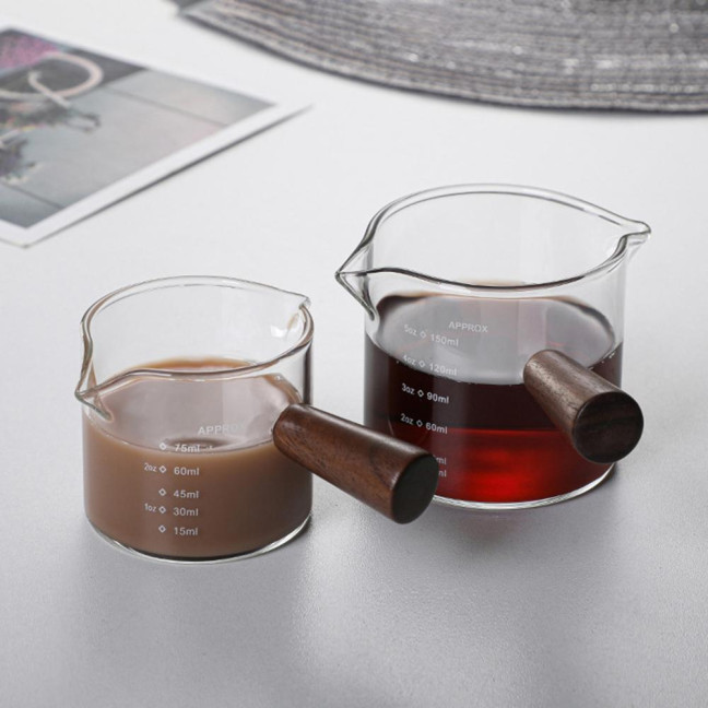 70/75/150ML Double Spout Wooden Handle Coffee Cup Heat Resistant Multipurpose Clear Scales Milk Coffee Measuring Cup for Home