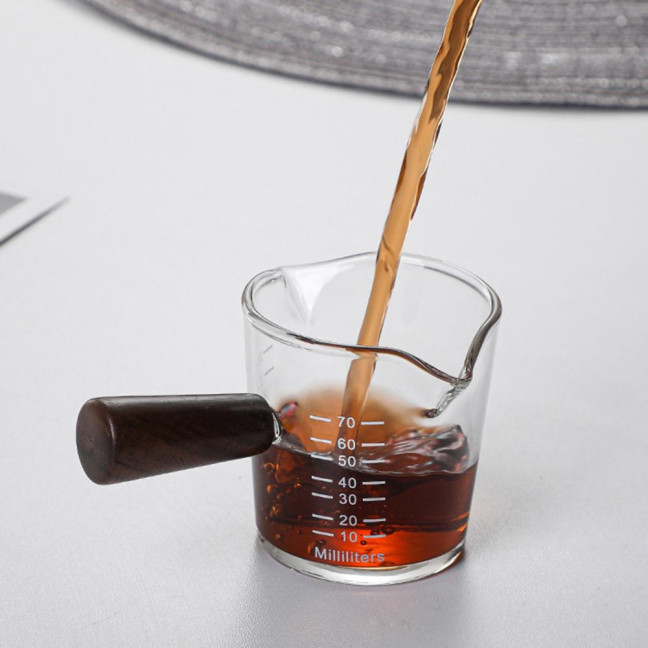 70/75/150ML Double Spout Wooden Handle Coffee Cup Heat Resistant Multipurpose Clear Scales Milk Coffee Measuring Cup for Home