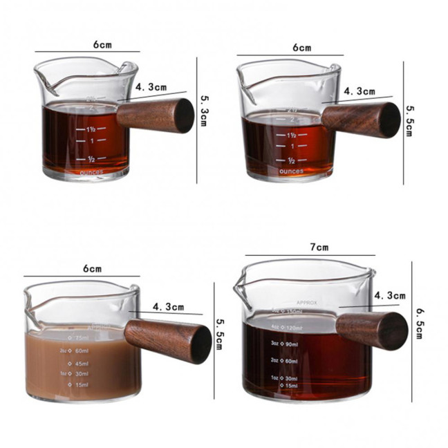 70/75/150ML Double Spout Wooden Handle Coffee Cup Heat Resistant Multipurpose Clear Scales Milk Coffee Measuring Cup for Home