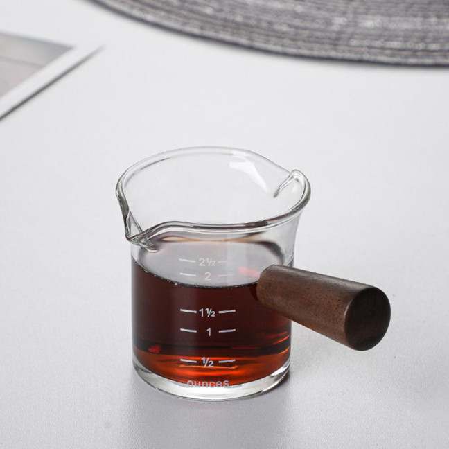 70/75/150ML Double Spout Wooden Handle Coffee Cup Heat Resistant Multipurpose Clear Scales Milk Coffee Measuring Cup for Home
