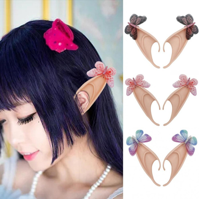 1Pair Elf Ears High Simulation Flexible Pointed Tip Luminous Glitter Cosplay Props Latex Halloween Costume Party Fairy Ears for Festival