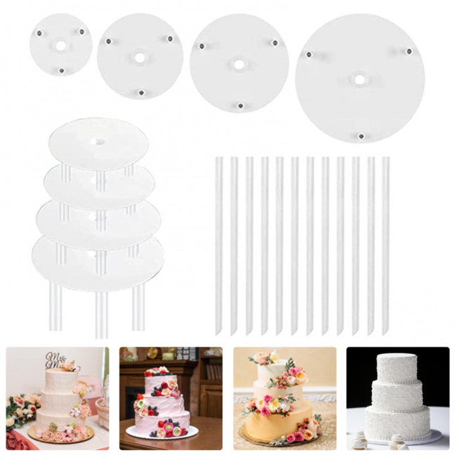 1 Set Reusable Round Cake Spacers Waterproof BPA Free Stacking Cake Stand 12 Cake Rods 4 Cake Separator Plates for Cakes of 4/6/8/10 Inches