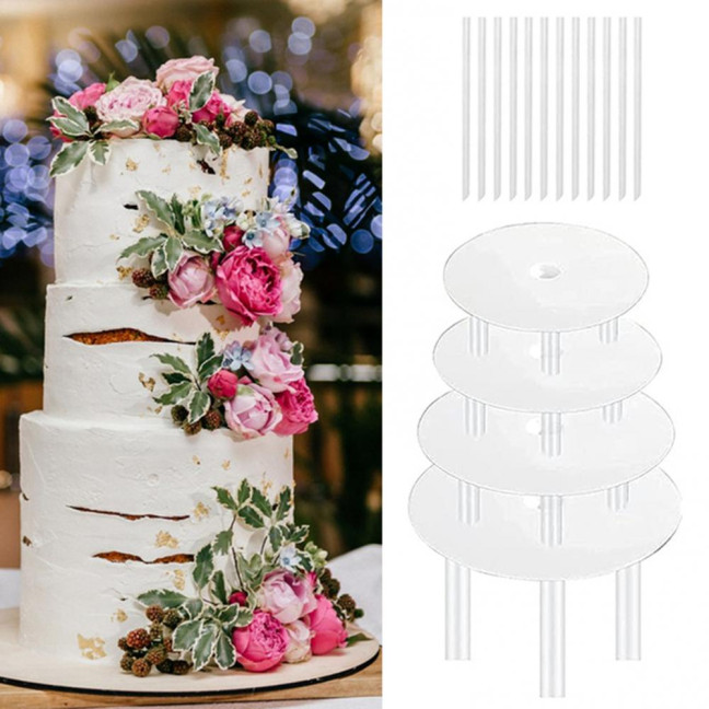 1 Set Reusable Round Cake Spacers Waterproof BPA Free Stacking Cake Stand 12 Cake Rods 4 Cake Separator Plates for Cakes of 4/6/8/10 Inches