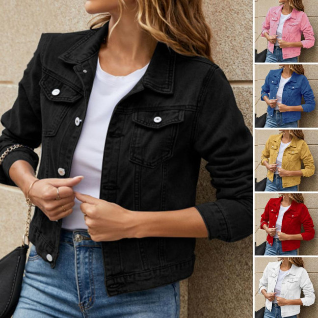 Women Denim Jacket Single-breasted Solid Color Lapel Flap Pockets Cardigan Warm Buttons Slim Fit High Street Women Coat for School