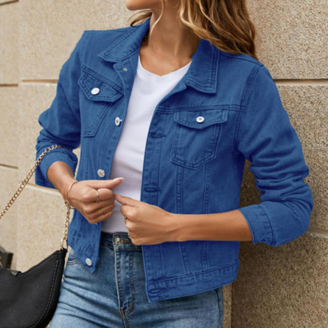 Women Denim Jacket Single-breasted Solid Color Lapel Flap Pockets Cardigan Warm Buttons Slim Fit High Street Women Coat for School