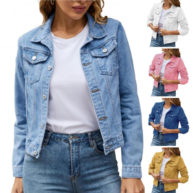 Women Denim Jacket Single-breasted Solid Color Lapel Flap Pockets Cardigan Warm Buttons Slim Fit High Street Women Coat for School