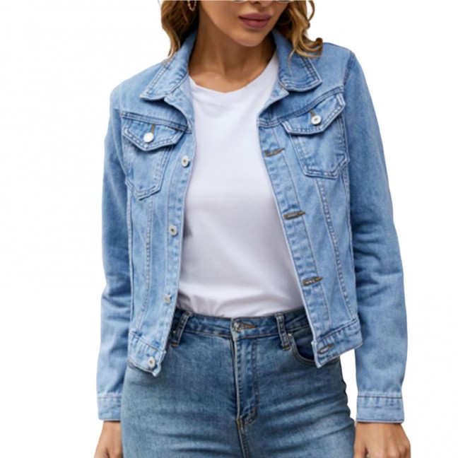 Women Denim Jacket Single-breasted Solid Color Lapel Flap Pockets Cardigan Warm Buttons Slim Fit High Street Women Coat for School