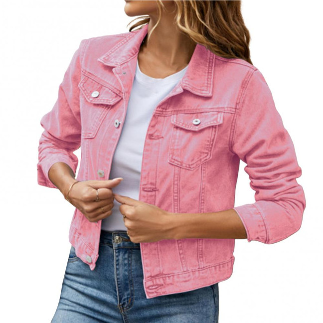 Women Denim Jacket Single-breasted Solid Color Lapel Flap Pockets Cardigan Warm Buttons Slim Fit High Street Women Coat for School