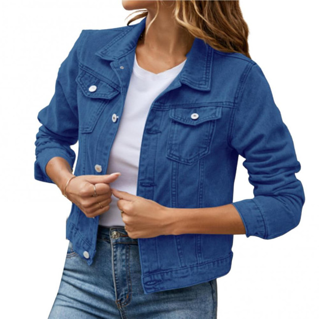 Women Denim Jacket Single-breasted Solid Color Lapel Flap Pockets Cardigan Warm Buttons Slim Fit High Street Women Coat for School
