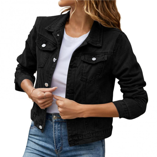 Women Denim Jacket Single-breasted Solid Color Lapel Flap Pockets Cardigan Warm Buttons Slim Fit High Street Women Coat for School