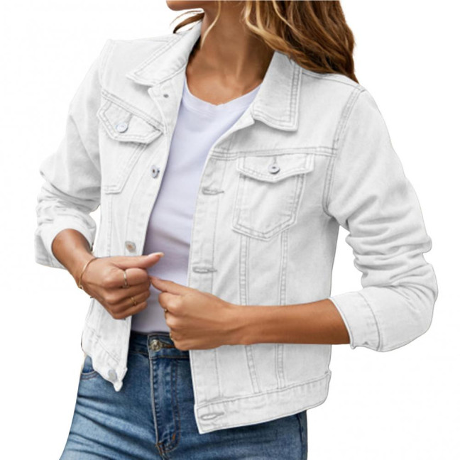 Women Denim Jacket Single-breasted Solid Color Lapel Flap Pockets Cardigan Warm Buttons Slim Fit High Street Women Coat for School