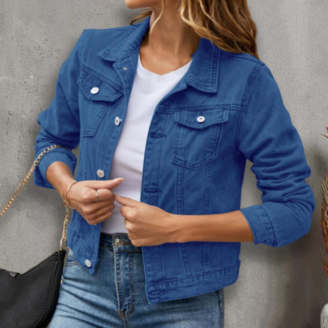 Women Denim Jacket Single-breasted Solid Color Lapel Flap Pockets Cardigan Warm Buttons Slim Fit High Street Women Coat for School