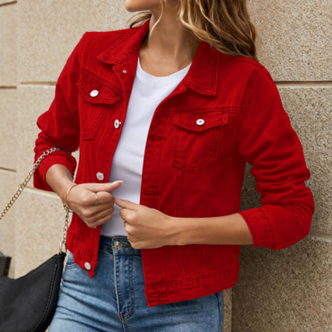 Women Denim Jacket Single-breasted Solid Color Lapel Flap Pockets Cardigan Warm Buttons Slim Fit High Street Women Coat for School