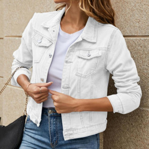 Women Denim Jacket Single-breasted Solid Color Lapel Flap Pockets Cardigan Warm Buttons Slim Fit High Street Women Coat for School