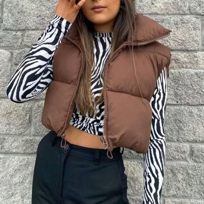 Stand Collar Sleeveless Zipper Placket Drawstring Hem Women Waistcoat Autumn Winter Solid Cropped Color Cotton Padded Vest Coat Outerwear