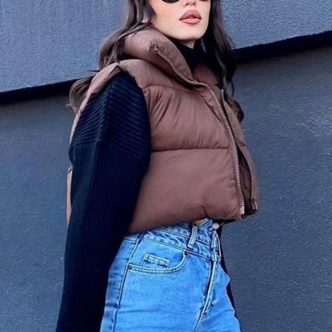 Stand Collar Sleeveless Zipper Placket Drawstring Hem Women Waistcoat Autumn Winter Solid Cropped Color Cotton Padded Vest Coat Outerwear