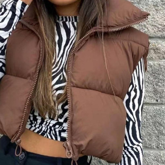 Stand Collar Sleeveless Zipper Placket Drawstring Hem Women Waistcoat Autumn Winter Solid Cropped Color Cotton Padded Vest Coat Outerwear