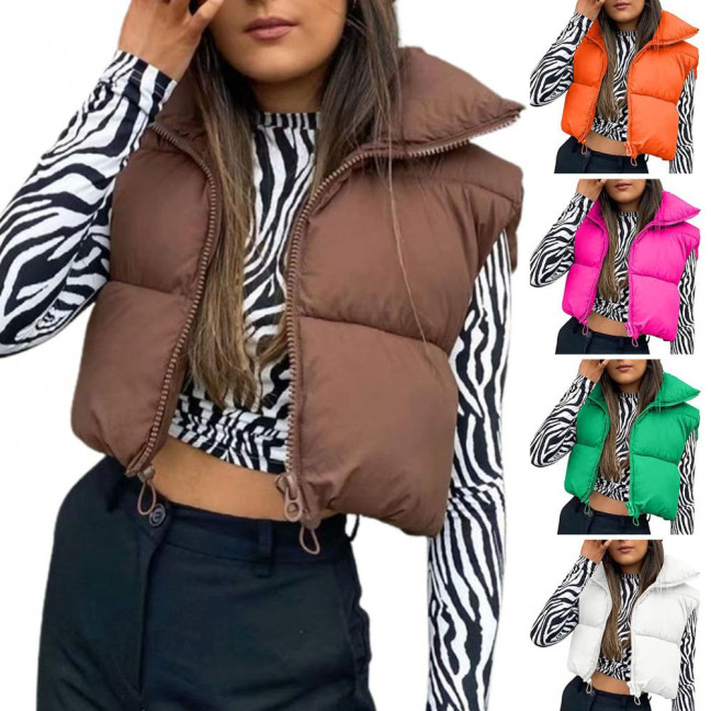 Stand Collar Sleeveless Zipper Placket Drawstring Hem Women Waistcoat Autumn Winter Solid Cropped Color Cotton Padded Vest Coat Outerwear