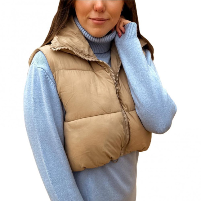 Stand Collar Sleeveless Zipper Placket Drawstring Hem Women Waistcoat Autumn Winter Solid Cropped Color Cotton Padded Vest Coat Outerwear