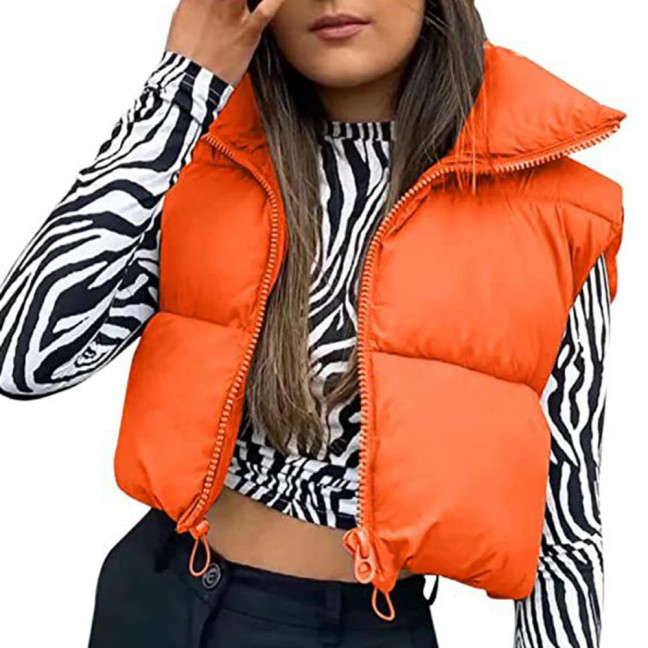 Stand Collar Sleeveless Zipper Placket Drawstring Hem Women Waistcoat Autumn Winter Solid Cropped Color Cotton Padded Vest Coat Outerwear