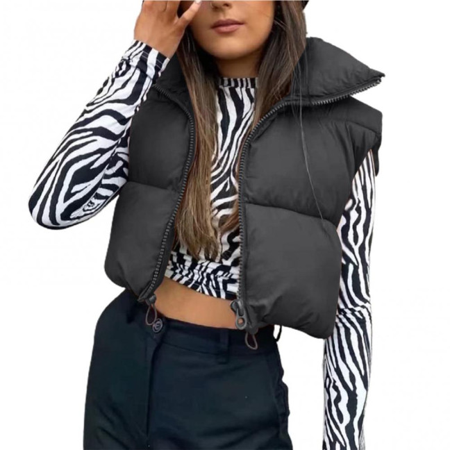 Stand Collar Sleeveless Zipper Placket Drawstring Hem Women Waistcoat Autumn Winter Solid Cropped Color Cotton Padded Vest Coat Outerwear