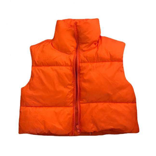 Stand Collar Sleeveless Zipper Placket Drawstring Hem Women Waistcoat Autumn Winter Solid Cropped Color Cotton Padded Vest Coat Outerwear