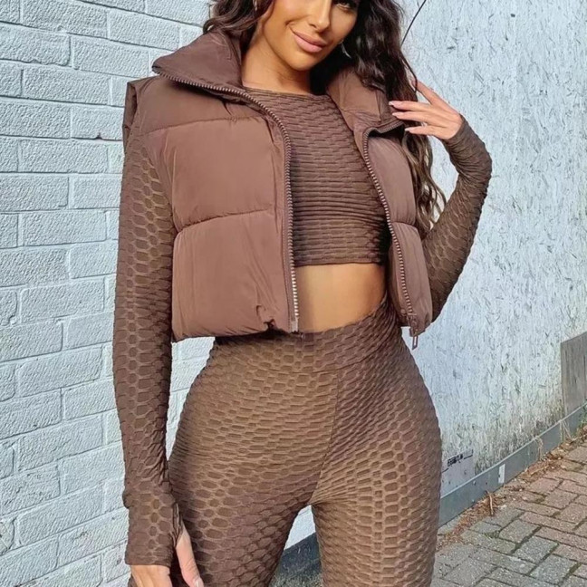 Stand Collar Sleeveless Zipper Placket Drawstring Hem Women Waistcoat Autumn Winter Solid Cropped Color Cotton Padded Vest Coat Outerwear