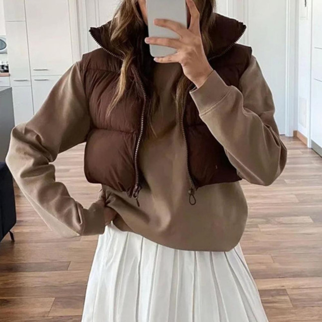 Stand Collar Sleeveless Zipper Placket Drawstring Hem Women Waistcoat Autumn Winter Solid Cropped Color Cotton Padded Vest Coat Outerwear