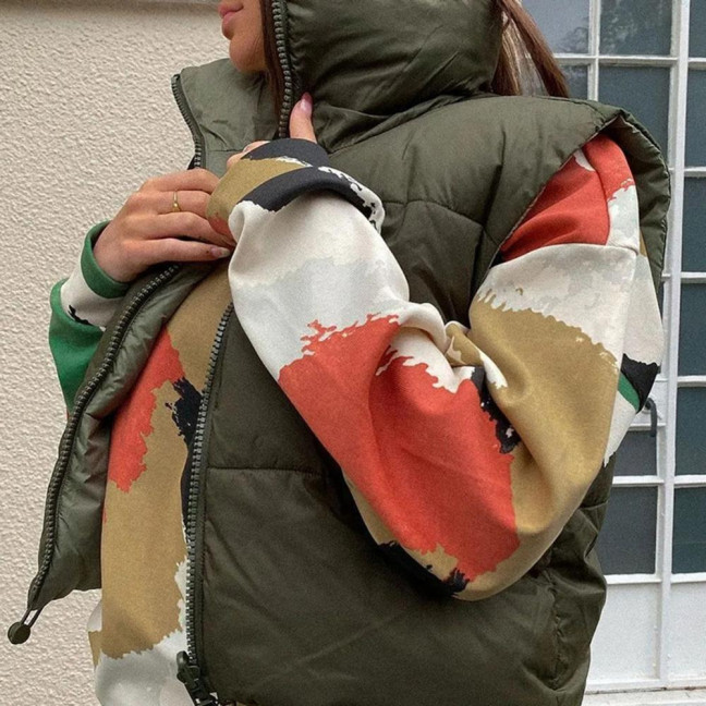 Stand Collar Sleeveless Zipper Placket Drawstring Hem Women Waistcoat Autumn Winter Solid Cropped Color Cotton Padded Vest Coat Outerwear