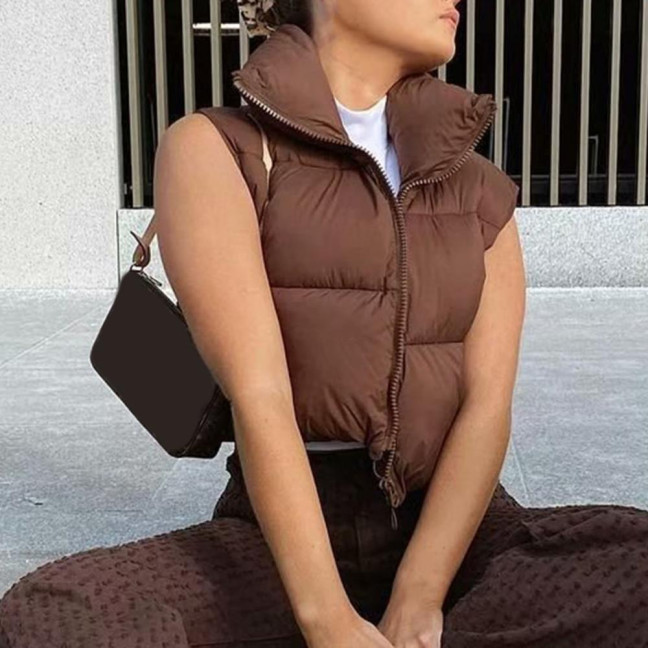 Stand Collar Sleeveless Zipper Placket Drawstring Hem Women Waistcoat Autumn Winter Solid Cropped Color Cotton Padded Vest Coat Outerwear