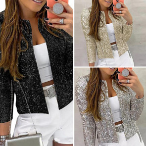 Party Blazer Sequin Decoration Crew Neck Long Sleeves Slim Fit Cardigan Dress Up Streetwear Women Open Front Sequin Jacket Female Clothing