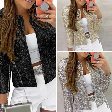 Party Blazer Sequin Decoration Crew Neck Long Sleeves Slim Fit Cardigan Dress Up Streetwear Women Open Front Sequin Jacket Female Clothing