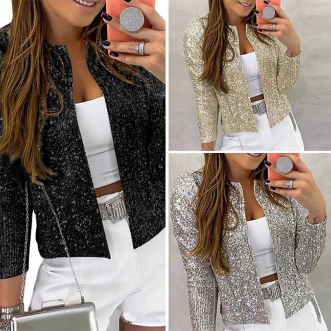 Party Blazer Sequin Decoration Crew Neck Long Sleeves Slim Fit Cardigan Dress Up Streetwear Women Open Front Sequin Jacket Female Clothing