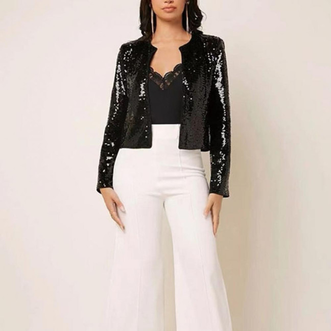 Party Blazer Sequin Decoration Crew Neck Long Sleeves Slim Fit Cardigan Dress Up Streetwear Women Open Front Sequin Jacket Female Clothing