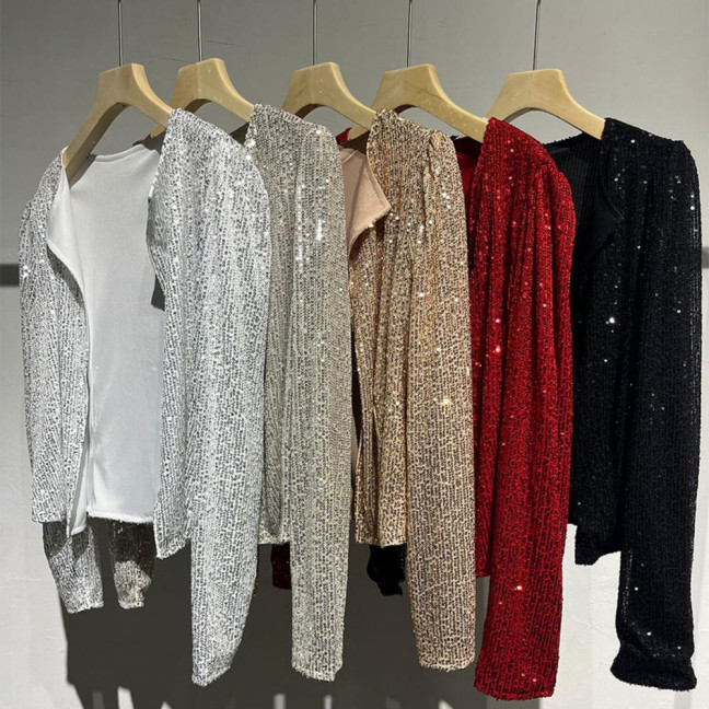 Party Blazer Sequin Decoration Crew Neck Long Sleeves Slim Fit Cardigan Dress Up Streetwear Women Open Front Sequin Jacket Female Clothing