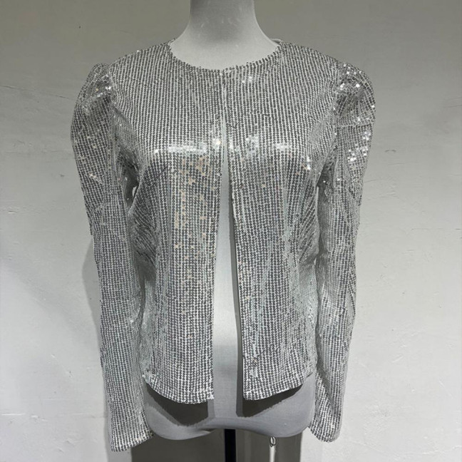 Party Blazer Sequin Decoration Crew Neck Long Sleeves Slim Fit Cardigan Dress Up Streetwear Women Open Front Sequin Jacket Female Clothing