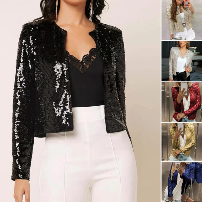 Party Blazer Sequin Decoration Crew Neck Long Sleeves Slim Fit Cardigan Dress Up Streetwear Women Open Front Sequin Jacket Female Clothing