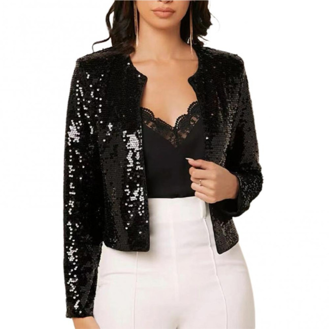 Party Blazer Sequin Decoration Crew Neck Long Sleeves Slim Fit Cardigan Dress Up Streetwear Women Open Front Sequin Jacket Female Clothing
