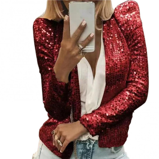 Party Blazer Sequin Decoration Crew Neck Long Sleeves Slim Fit Cardigan Dress Up Streetwear Women Open Front Sequin Jacket Female Clothing