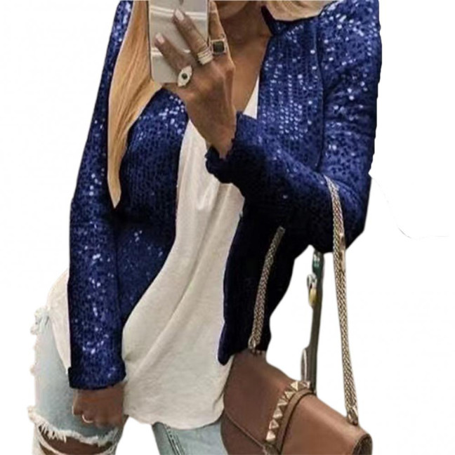 Party Blazer Sequin Decoration Crew Neck Long Sleeves Slim Fit Cardigan Dress Up Streetwear Women Open Front Sequin Jacket Female Clothing